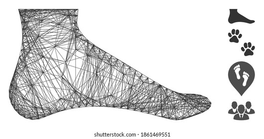 Vector net foot. Geometric wire carcass flat net made from foot icon, designed from intersected lines. Some bonus icons are added.