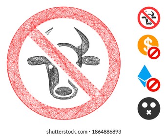 Vector net forbidden cattle. Geometric wire frame 2D net generated with forbidden cattle icon, designed with crossing lines. Some bonus icons are added.