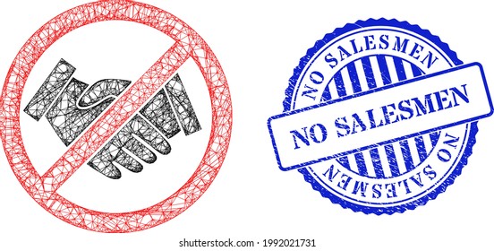 Vector net forbidden handshake carcass, and No Salesmen blue rosette grunge watermark. Wire carcass net image created from forbidden handshake icon, created with intersected lines.