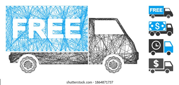 Vector net free shipment van. Geometric hatched carcass 2D network made from free shipment van icon, designed from intersected lines. Some bonus icons are added.