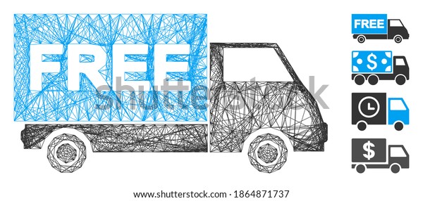 Vector net free shipment van.\
Geometric hatched carcass 2D network made from free shipment van\
icon, designed from intersected lines. Some bonus icons are\
added.