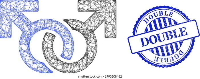 Vector net gay pair symbol carcass, and Double blue rosette textured watermark. Crossed frame net image designed with gay pair symbol pictogram, made with crossed lines.