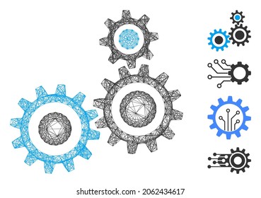 Vector net gear mechanism. Geometric wire frame 2D net made from gear mechanism icon, designed from crossing lines. Some bonus icons are added.