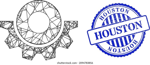 Vector net gear sensor carcass, and Houston blue rosette grunge seal. Wire carcass net illustration created from gear sensor icon, generated from intersected lines.