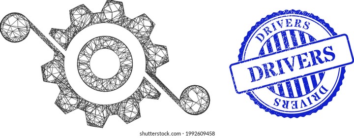 Vector net gear solution framework, and Drivers blue rosette grunge stamp. Wire carcass net illustration created from gear solution pictogram, is created with crossing lines.