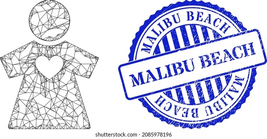Malla de novia de red vectora, e imitación de sello sucio redondo azul de la playa de Malibu. Ilustración de la red de canales cruzada creada a partir del icono de la novia, creada con líneas entrelazadas.