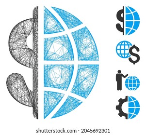 Weltweites Vectornet-Geschäft. Geometrisches Drahtseile aus Flachnetz, hergestellt aus globalem Business Icon, entworfen aus gekreuzten Linien. Es werden einige Bonussymbole hinzugefügt.
