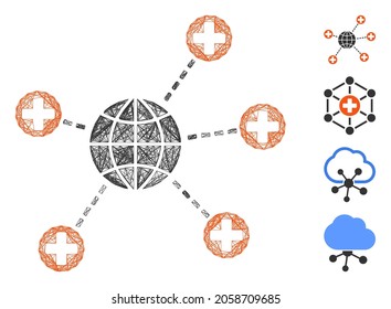 Vektor-Netz globale medizinische Verbindungen. Geometrisches, geschlüftetes 2D-Netz, das mit einem Symbol für globale medizinische Verbindungen erzeugt wird und mit Kreuzungslinien entworfen wurde. Es werden einige Bonussymbole hinzugefügt.