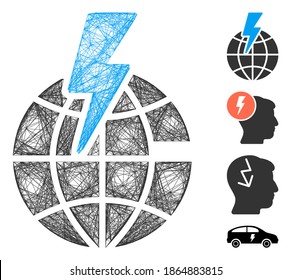 Vector net global shock. Geometric hatched carcass 2D net made from global shock icon, designed from intersected lines. Some bonus icons are added.