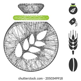 Vector net grain harvest sack. Geometric hatched frame flat net generated with grain harvest sack icon, designed with intersected lines. Some similar icons are added.