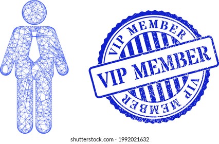Vector net groom carcass, and Vip Member blue rosette grunge seal print. Hatched carcass net symbol created from groom icon, created with intersected lines.