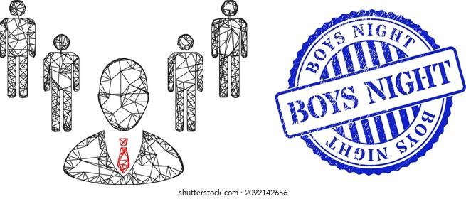 Vector net group boss carcass, and Boys Night blue rosette scratched stamp seal. Crossed carcass network symbol based on group boss pictogram, created from crossed lines.
