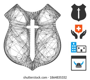 Vector net guard shield. Geometric hatched carcass 2D net made from guard shield icon, designed with intersected lines. Some bonus icons are added.