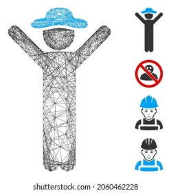 Vector net happy gentleman. Geometric linear carcass 2D net generated with happy gentleman icon, designed with crossed lines. Some bonus icons are added.