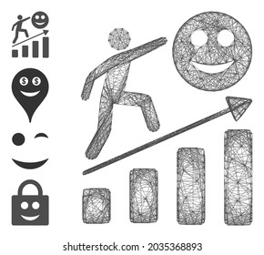 Vector net happy man career growth. Geometric linear frame flat net made from happy man career growth icon, designed from intersected lines. Some bonus icons are added.