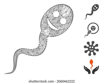 Vector net happy spermatozoon. Geometric wire carcass 2D net made from happy spermatozoon icon, designed from intersected lines. Some bonus icons are added.