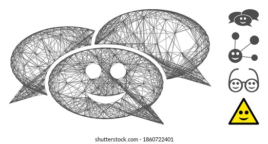 Vector net happy webinar. Geometric linear carcass flat net made from happy webinar icon, designed with crossing lines. Some bonus icons are added.