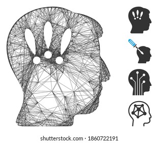 Vector net head problems. Geometric hatched frame 2D net made from head problems icon, designed from intersected lines. Some bonus icons are added.