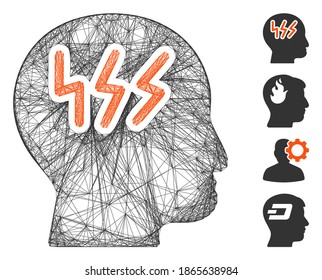 Vector net headache. Geometric hatched carcass flat net generated with headache icon, designed with intersected lines. Some bonus icons are added.