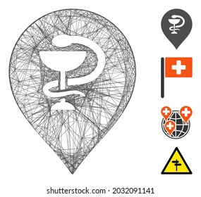 Vectornet-Schlangenmarker für das Gesundheitswesen. Geometrisches Flachnetz aus geschlüpften Schlachtkörpern auf der Grundlage eines Markers für gesundheitliche Schlangen, konstruiert mit Schnittlinien. Es werden einige Bonussymbole hinzugefügt.