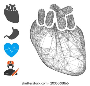 Vector net heart organ. Geometric linear carcass 2D net made from heart organ icon, designed from crossing lines. Some bonus icons are added.