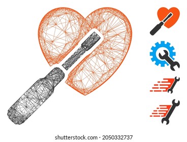 Vector net heart tuning. Geometric wire carcass flat net generated with heart tuning icon, designed with intersected lines. Some bonus icons are added.