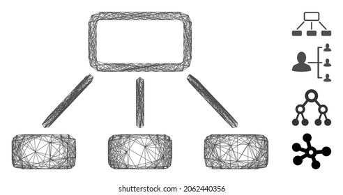 Jerarquía de red vectorial. Red plana de marco con rayas geométricas hecha a partir del icono de jerarquía, diseñada a partir de líneas cruzadas. Se añaden algunos iconos adicionales.