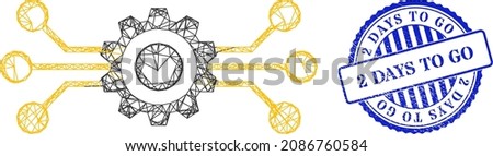 Vector net hitech gear carcass, and 2 Days to Go blue round textured stamp seal. Crossed carcass net image created from hitech gear pictogram, created with crossing lines.