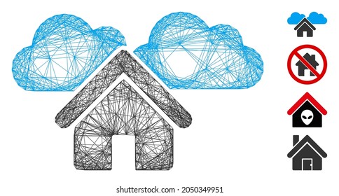 Vector Net Home. Geometric Linear Frame 2D Net Made From Home Icon, Designed From Crossed Lines. Some Other Icons Are Added.