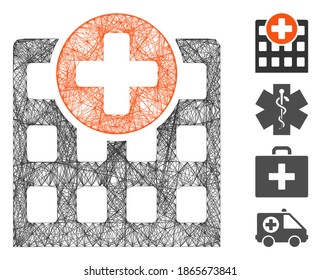 Vector net hospital. Geometric hatched frame 2D net generated with hospital icon, designed with crossed lines. Some bonus icons are added.
