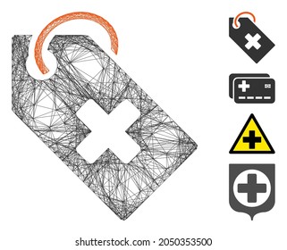 Vector net hospital tag. Geometric wire carcass flat net made from hospital tag icon, designed from crossed lines. Some bonus icons are added.