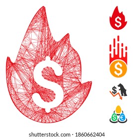 Vector net hot currency. Geometric wire frame 2D net made from hot currency icon, designed from intersected lines. Some bonus icons are added.