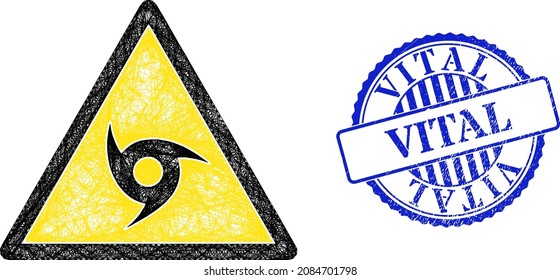 Vector net hurricane danger carcass, and Vital blue rosette textured stamp. Wire carcass net symbol created from hurricane danger icon, created from crossed lines.