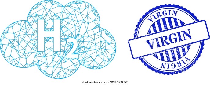 Vector net hydrogen cloud model, and Virgin blue rosette grunge stamp seal. Crossed carcass net image created from hydrogen cloud pictogram, is created from intersected lines.