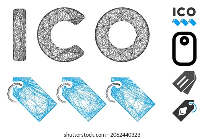 Vector net ICO tokens. Geometric hatched frame flat network made from ICO tokens icon, designed from crossing lines. Some bonus icons are added.