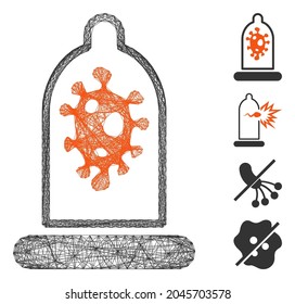 Protección contra la infección por mosquiteros vectores. Red 2D de marco lineal geométrico generada con icono de protección contra infecciones, diseñado con líneas cruzadas. Se añaden algunos iconos adicionales.