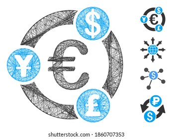 Vector net international financial collaboration. Geometric hatched carcass 2D net made from international financial collaboration icon, designed from crossed lines. Some bonus icons are added.