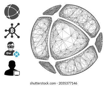 Vector net internet sphere. Geometric wire carcass 2D net generated with internet sphere icon, designed with intersected lines. Some bonus icons are added.