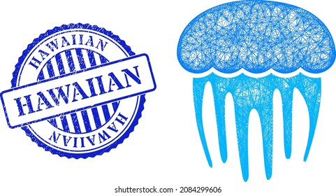 Vector net jellyfish carcass, and Hawaiian blue rosette corroded seal imitation. Linear carcass net symbol created from jellyfish pictogram, made from crossed lines.