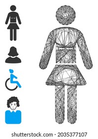 Vector net lady. Geometric hatched frame 2D net generated with lady icon, designed with crossing lines. Some bonus icons are added.