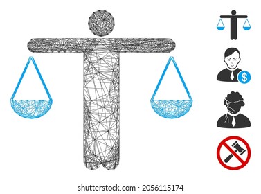 Vector net lawyer weight. Geometric hatched carcass flat net made from lawyer weight icon, designed from crossed lines. Some bonus icons are added.