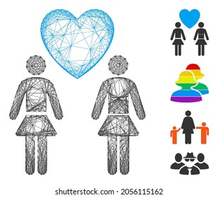 Vector net lesbi love pair. Geometric hatched frame flat net made from lesbi love pair icon, designed from crossed lines. Some bonus icons are added.