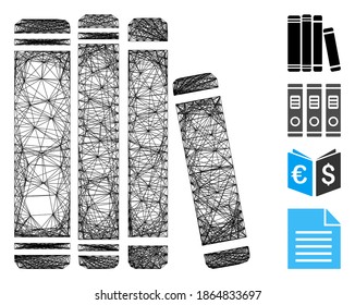 Vector net library books. Geometric wire carcass flat network generated with library books icon, designed with crossed lines. Some bonus icons are added.
