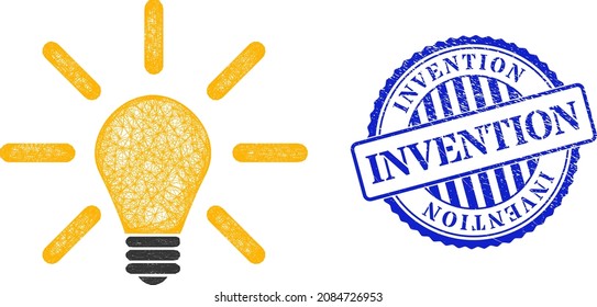 Vector net light bulb framework, and Invention blue rosette unclean watermark. Hatched carcass net image designed with light bulb icon, created with intersected lines.