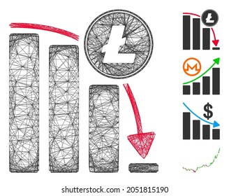 Vector net Litecoin falling acceleration chart. Geometric linear carcass 2D net generated with Litecoin falling acceleration chart icon, designed with intersected lines. Some other icons are added.