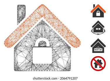 Vector net locked apartment. Geometric hatched frame flat net generated with locked apartment icon, designed with crossed lines. Some bonus icons are added.