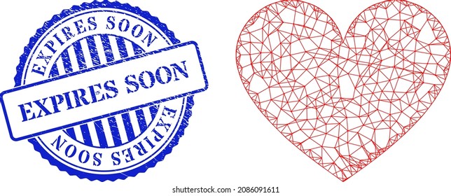 Vector net love heart frame, and Expires Soon blue round textured seal. Crossed frame net illustration created from love heart icon, created from intersected lines.