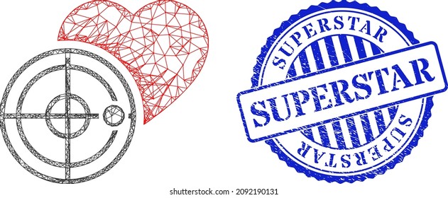 Vector net love heart radar wireframe, and Superstar blue round rubber seal imitation. Linear carcass net illustration based on love heart radar icon, made with crossing lines.