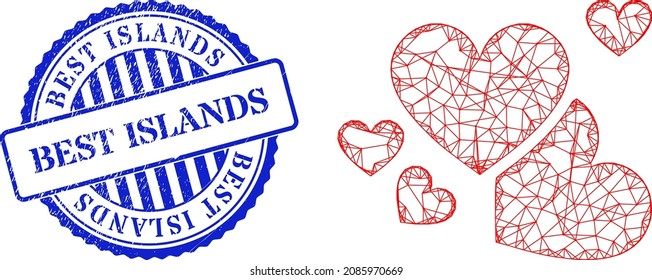 La red vectorial ama el alambre de los corazones y la imitación de sellos redondos azules de las Islas Mejores corroyó el sello. Imagen de red con marco de cable diseñada con icono de corazones amorosos, hecha con líneas interseccionadas.