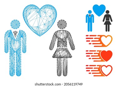 Vector net love persons. Geometric hatched carcass flat net generated with love persons icon, designed with intersected lines. Some bonus icons are added.